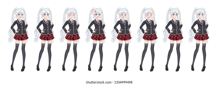 Anime manga girl, Cartoon character in Japanese style. Student girl in a black blazer, a red skirt in a cage. Set of emotions. Sprite full length character for game visual novel