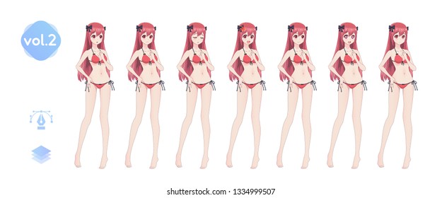 Anime manga girl, Cartoon character in Japanese style. In a summer bikini swimsuit. Set of emotions. Sprite full length character for game visual novel