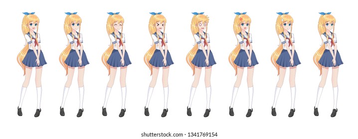 Anime manga girl, Cartoon character in Japanese style.School girl in a sailor suit, blue skirt.Set of emotions.Sprite full length character for game visual novel