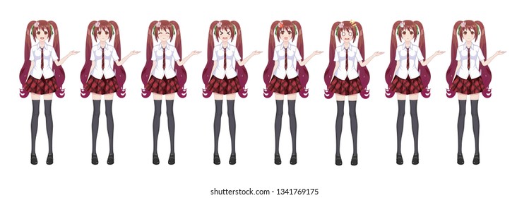 Anime manga girl, Cartoon character in Japanese style. In a white shirt, a red skirt in a cage, a tie and black stockings-tights. Set of emotions. Sprite full length character for game visual novel