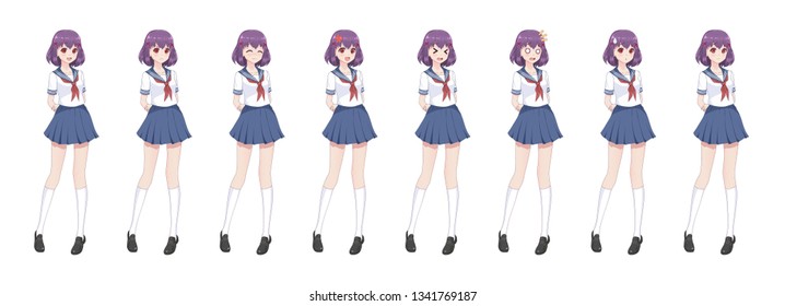 Anime manga girl, Cartoon character in Japanese style.School girl in a sailor suit, blue skirt.Set of emotions.Sprite full length character for game visual novel