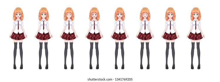 Anime manga girl, Cartoon character in Japanese style. In a white shirt, a red skirt in a cage, a tie and black stockings-tights. Set of emotions. Sprite full length character for game visual novel