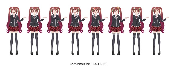 Anime manga girl, Cartoon character in Japanese style. Student girl in a black blazer, a red skirt in a cage. Set of emotions. Sprite full length character for game visual novel