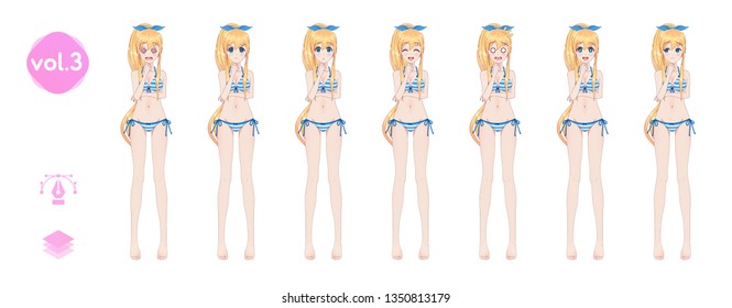 Anime manga girl, Cartoon character in Japanese style. In a summer bikini swimsuit. Set of emotions. Sprite full length character for game visual novel