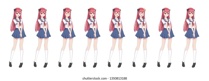 Anime manga girl, Cartoon character in Japanese style.School girl in a sailor suit, blue skirt.Set of emotions.Sprite full length character for game visual novel