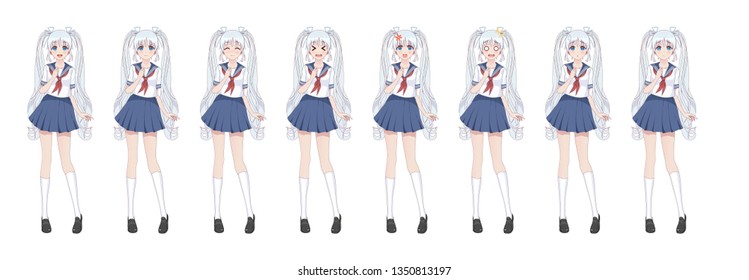 Anime manga girl, Cartoon character in Japanese style.School girl in a sailor suit, blue skirt.Set of emotions.Sprite full length character for game visual novel