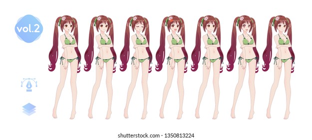 Anime manga girl, Cartoon character in Japanese style. In a summer bikini swimsuit. Set of emotions. Sprite full length character for game visual novel