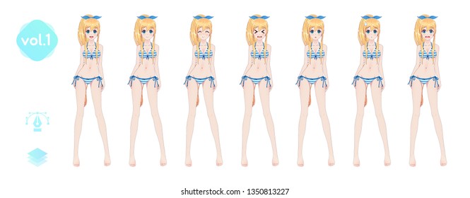 Anime manga girl, Cartoon character in Japanese style. In a summer bikini swimsuit. Set of emotions. Sprite full length character for game visual novel