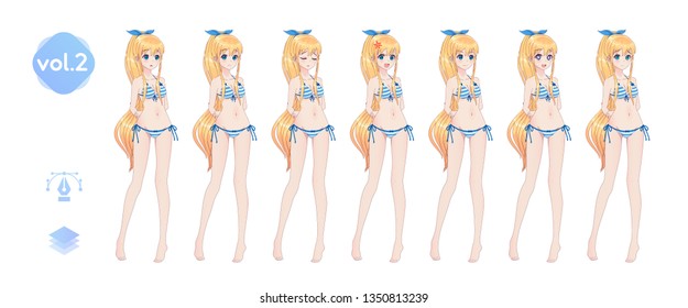 Anime manga girl, Cartoon character in Japanese style. In a summer bikini swimsuit. Set of emotions. Sprite full length character for game visual novel