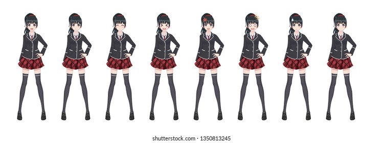 Anime manga girl, Cartoon character in Japanese style. Student girl in a black blazer, a red skirt in a cage. Set of emotions. Sprite full length character for game visual novel