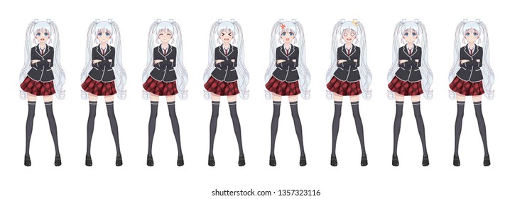 Anime manga girl, Cartoon character in Japanese style. Student girl in a black blazer, a red skirt in a cage. Set of emotions. Sprite full length character for game visual novel