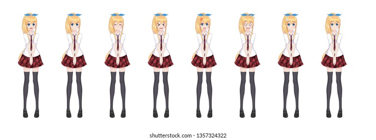 Anime manga girl, Cartoon character in Japanese style. In a white shirt, a red skirt in a cage, a tie and black stockings-tights. Set of emotions. Sprite full length character for game visual novel