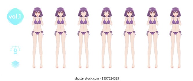 Anime manga girl, Cartoon character in Japanese style. In a summer bikini swimsuit. Set of emotions. Sprite full length character for game visual novel