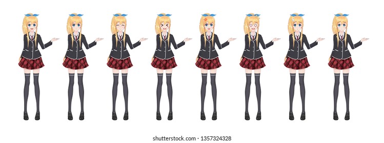 Anime manga girl, Cartoon character in Japanese style. Student girl in a black blazer, a red skirt in a cage. Set of emotions. Sprite full length character for game visual novel