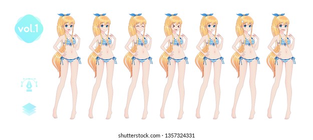 Anime manga girl, Cartoon character in Japanese style. In a summer bikini swimsuit. Set of emotions. Sprite full length character for game visual novel
