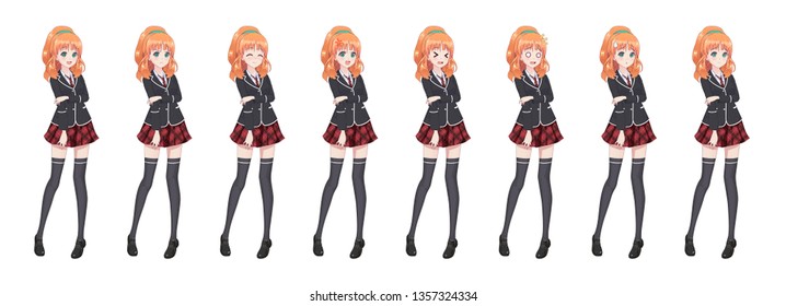 Anime manga girl, Cartoon character in Japanese style. Student girl in a black blazer, a red skirt in a cage. Set of emotions. Sprite full length character for game visual novel