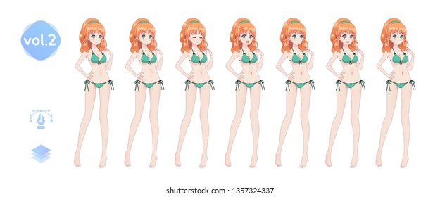 Anime manga girl, Cartoon character in Japanese style. In a summer bikini swimsuit. Set of emotions. Sprite full length character for game visual novel