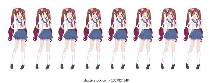 Anime manga girl, Cartoon character in Japanese style.School girl in a sailor suit, blue skirt.Set of emotions.Sprite full length character for game visual novel