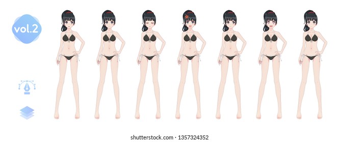 Anime manga girl, Cartoon character in Japanese style. In a summer bikini swimsuit. Set of emotions. Sprite full length character for game visual novel