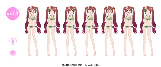 Anime manga girl, Cartoon character in Japanese style. In a summer bikini swimsuit. Set of emotions. Sprite full length character for game visual novel