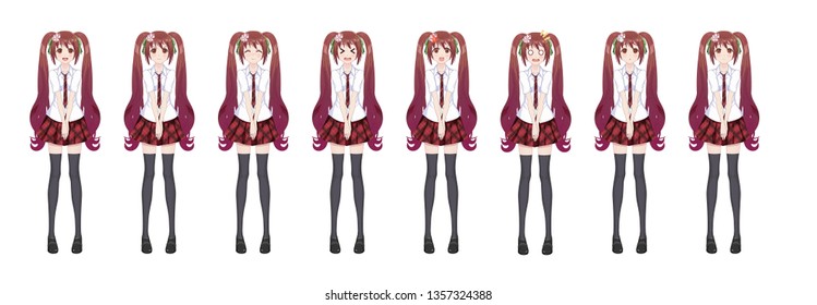 Anime manga girl, Cartoon character in Japanese style. In a white shirt, a red skirt in a cage, a tie and black stockings-tights. Set of emotions. Sprite full length character for game visual novel