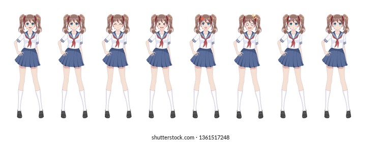 Anime manga girl, Cartoon character in Japanese style.School girl in a sailor suit, blue skirt.Set of emotions.Sprite full length character for game visual novel