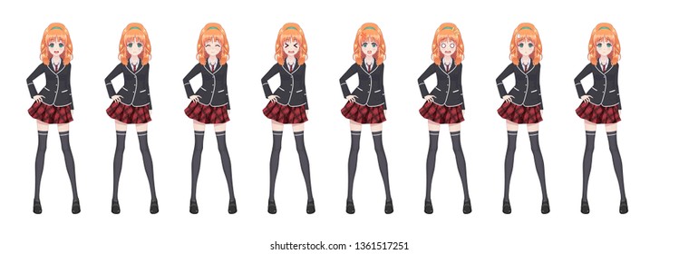 Anime manga girl, Cartoon character in Japanese style. Student girl in a black blazer, a red skirt in a cage. Set of emotions. Sprite full length character for game visual novel