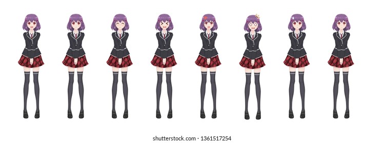 Anime manga girl, Cartoon character in Japanese style. Student girl in a black blazer, a red skirt in a cage. Set of emotions. Sprite full length character for game visual novel