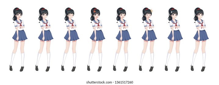 Anime manga girl, Cartoon character in Japanese style.School girl in a sailor suit, blue skirt.Set of emotions.Sprite full length character for game visual novel