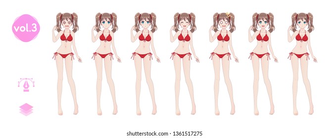 Anime manga girl, Cartoon character in Japanese style. In a summer bikini swimsuit. Set of emotions. Sprite full length character for game visual novel