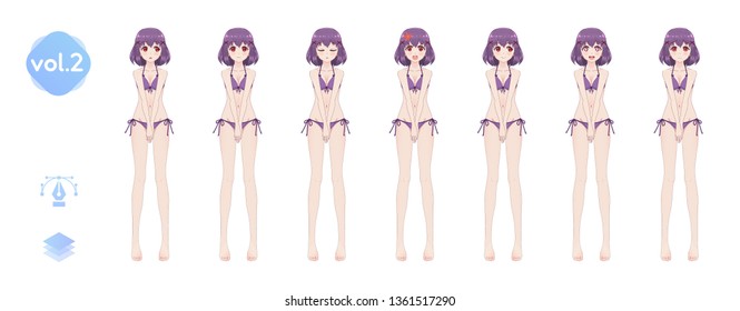 Anime manga girl, Cartoon character in Japanese style. In a summer bikini swimsuit. Set of emotions. Sprite full length character for game visual novel