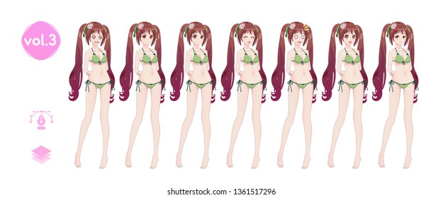 Anime manga girl, Cartoon character in Japanese style. In a summer bikini swimsuit. Set of emotions. Sprite full length character for game visual novel