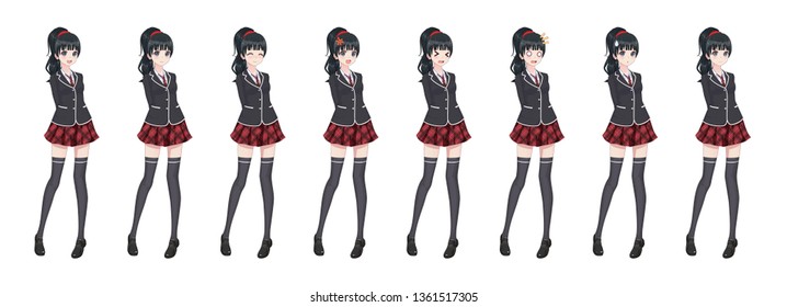 Anime manga girl, Cartoon character in Japanese style. Student girl in a black blazer, a red skirt in a cage. Set of emotions. Sprite full length character for game visual novel