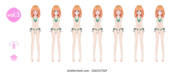 Anime manga girl, Cartoon character in Japanese style. In a summer bikini swimsuit. Set of emotions. Sprite full length character for game visual novel