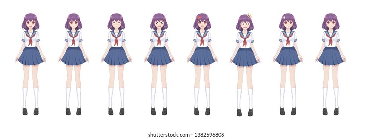 Anime manga girl, Cartoon character in Japanese style.School girl in a sailor suit, blue skirt.Set of emotions.Sprite full length character for game visual novel