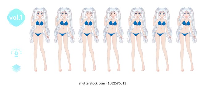 Anime manga girl, Cartoon character in Japanese style. In a summer bikini swimsuit. Set of emotions. Sprite full length character for game visual novel