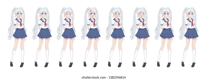 Anime manga girl, Cartoon character in Japanese style.School girl in a sailor suit, blue skirt.Set of emotions.Sprite full length character for game visual novel