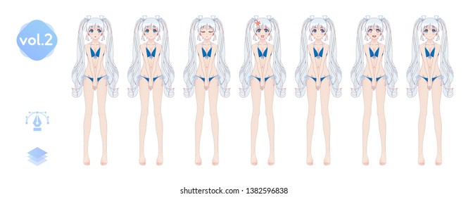 Anime manga girl, Cartoon character in Japanese style. In a summer bikini swimsuit. Set of emotions. Sprite full length character for game visual novel