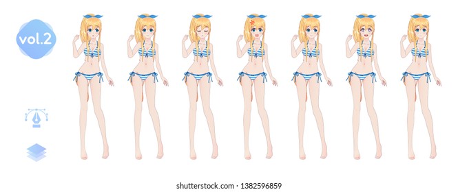 Anime manga girl, Cartoon character in Japanese style. In a summer bikini swimsuit. Set of emotions. Sprite full length character for game visual novel