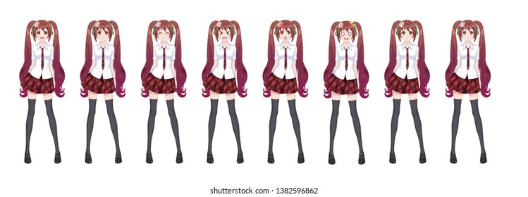 Anime manga girl, Cartoon character in Japanese style. In a white shirt, a red skirt in a cage, a tie and black stockings-tights. Set of emotions. Sprite full length character for game visual novel