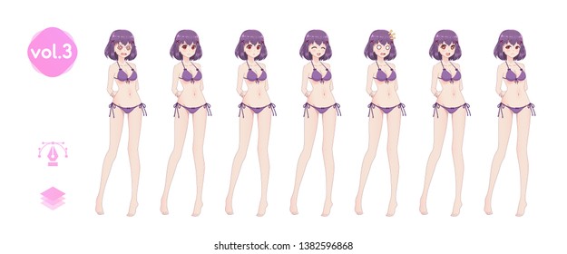 Anime manga girl, Cartoon character in Japanese style. In a summer bikini swimsuit. Set of emotions. Sprite full length character for game visual novel