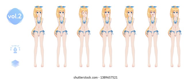 Anime manga girl, Cartoon character in Japanese style. In a summer bikini swimsuit. Set of emotions. Sprite full length character for game visual novel