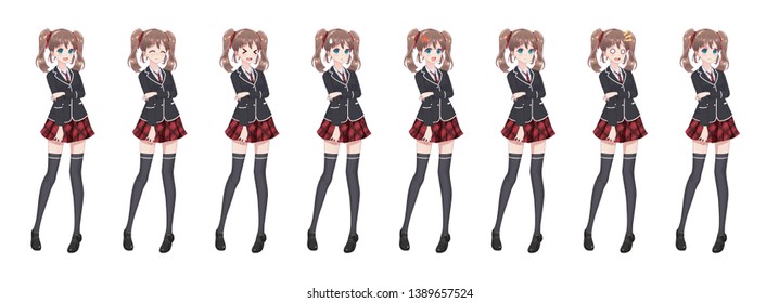 Anime manga girl, Cartoon character in Japanese style. Student girl in a black blazer, a red skirt in a cage. Set of emotions. Sprite full length character for game visual novel