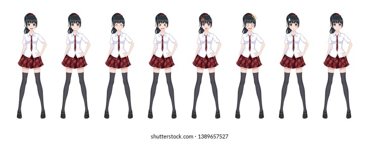 Anime manga girl, Cartoon character in Japanese style. In a white shirt, a red skirt in a cage, a tie and black stockings-tights. Set of emotions. Sprite full length character for game visual novel