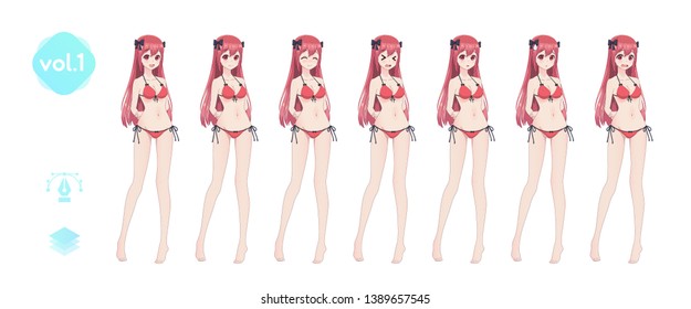 Anime manga girl, Cartoon character in Japanese style. In a summer bikini swimsuit. Set of emotions. Sprite full length character for game visual novel