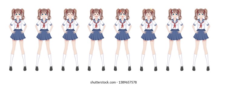 Anime manga girl, Cartoon character in Japanese style.School girl in a sailor suit, blue skirt.Set of emotions.Sprite full length character for game visual novel