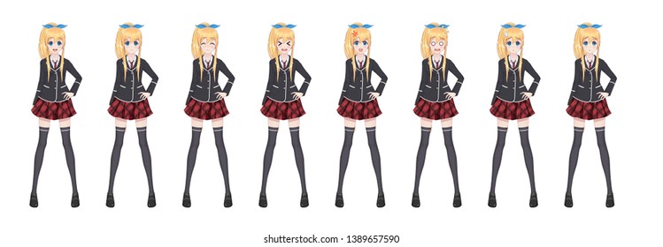 Anime manga girl, Cartoon character in Japanese style. Student girl in a black blazer, a red skirt in a cage. Set of emotions. Sprite full length character for game visual novel