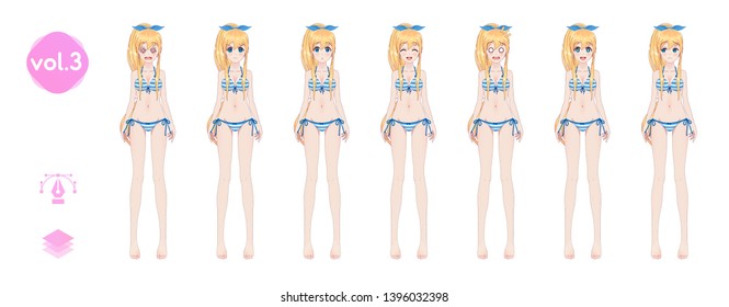 Anime manga girl, Cartoon character in Japanese style. In a summer bikini swimsuit. Set of emotions. Sprite full length character for game visual novel