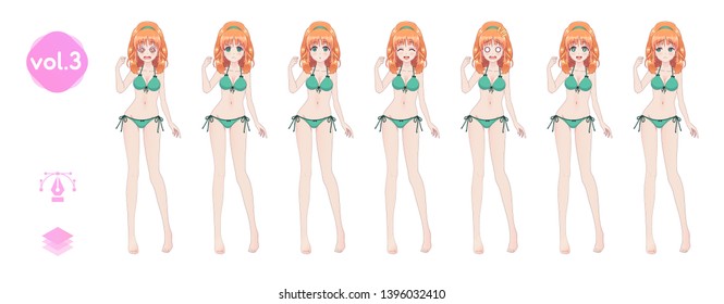 Anime manga girl, Cartoon character in Japanese style. In a summer bikini swimsuit. Set of emotions. Sprite full length character for game visual novel