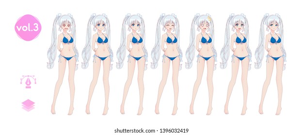 Anime manga girl, Cartoon character in Japanese style. In a summer bikini swimsuit. Set of emotions. Sprite full length character for game visual novel